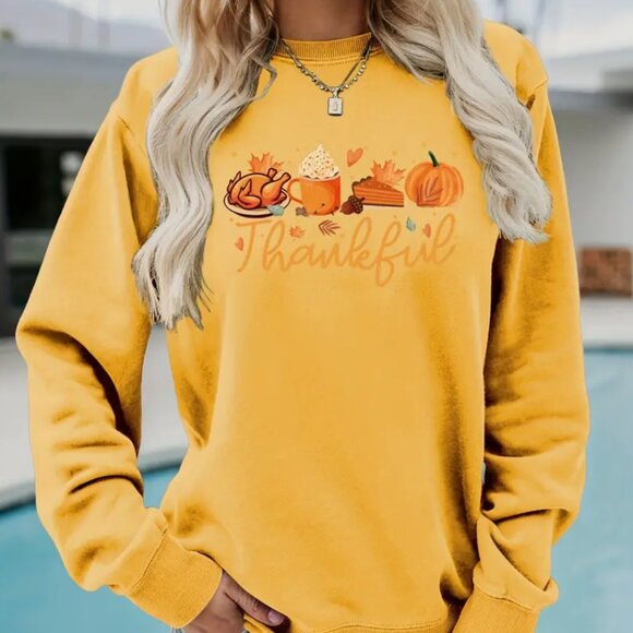 Sweaters - XXL - Thankful Print Loose Sweatshirt, Casual Long Sleeve, Crew Neck Sweatshirt